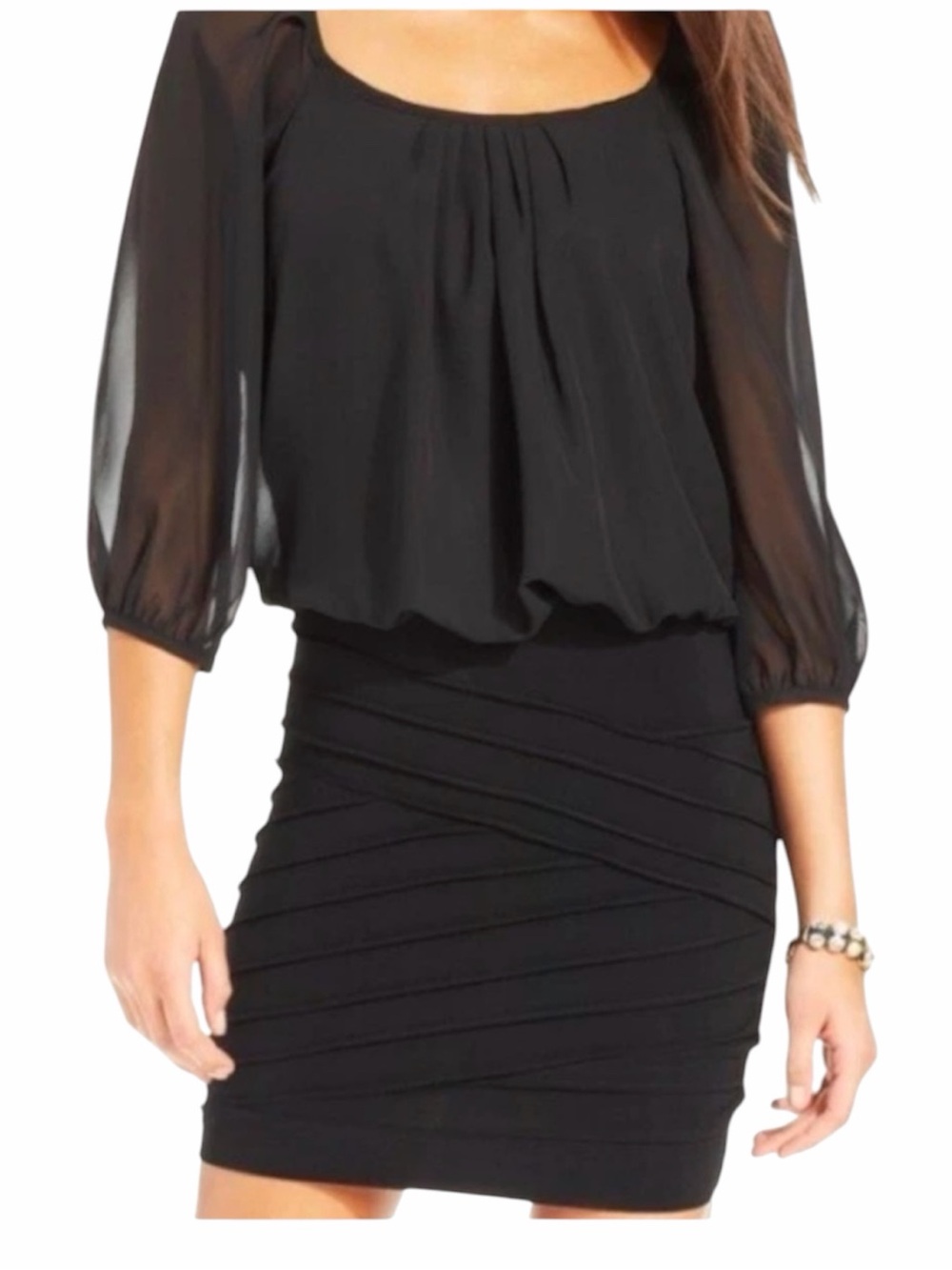 B Darlin Black Semi Sheer 3/4 Sleeve Blouson Mini Dress Juniors Size Medium M